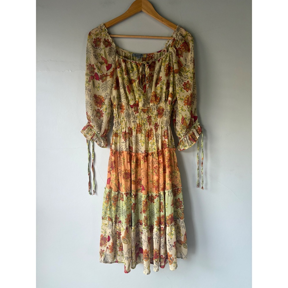 Smocked Tiered Midi Dress in Cream with Orange & Green Floral